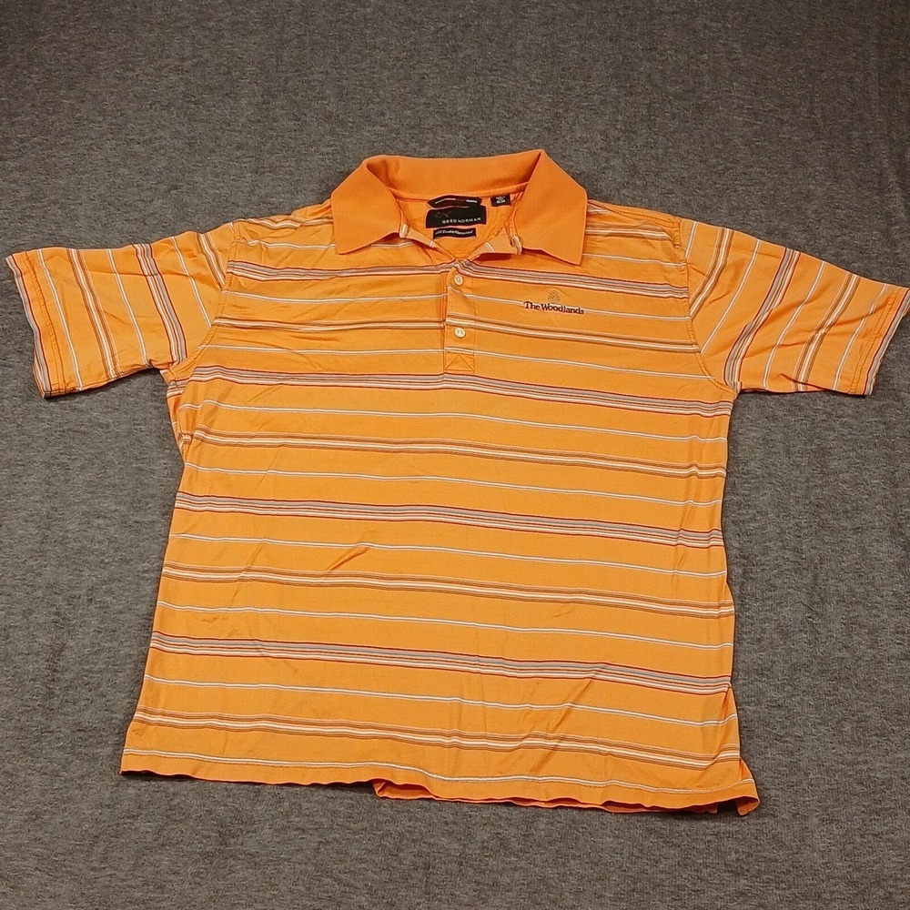 Greg Norman Polo Shirt Mens M 60/2 Double Mercerized Orange Striped EUC